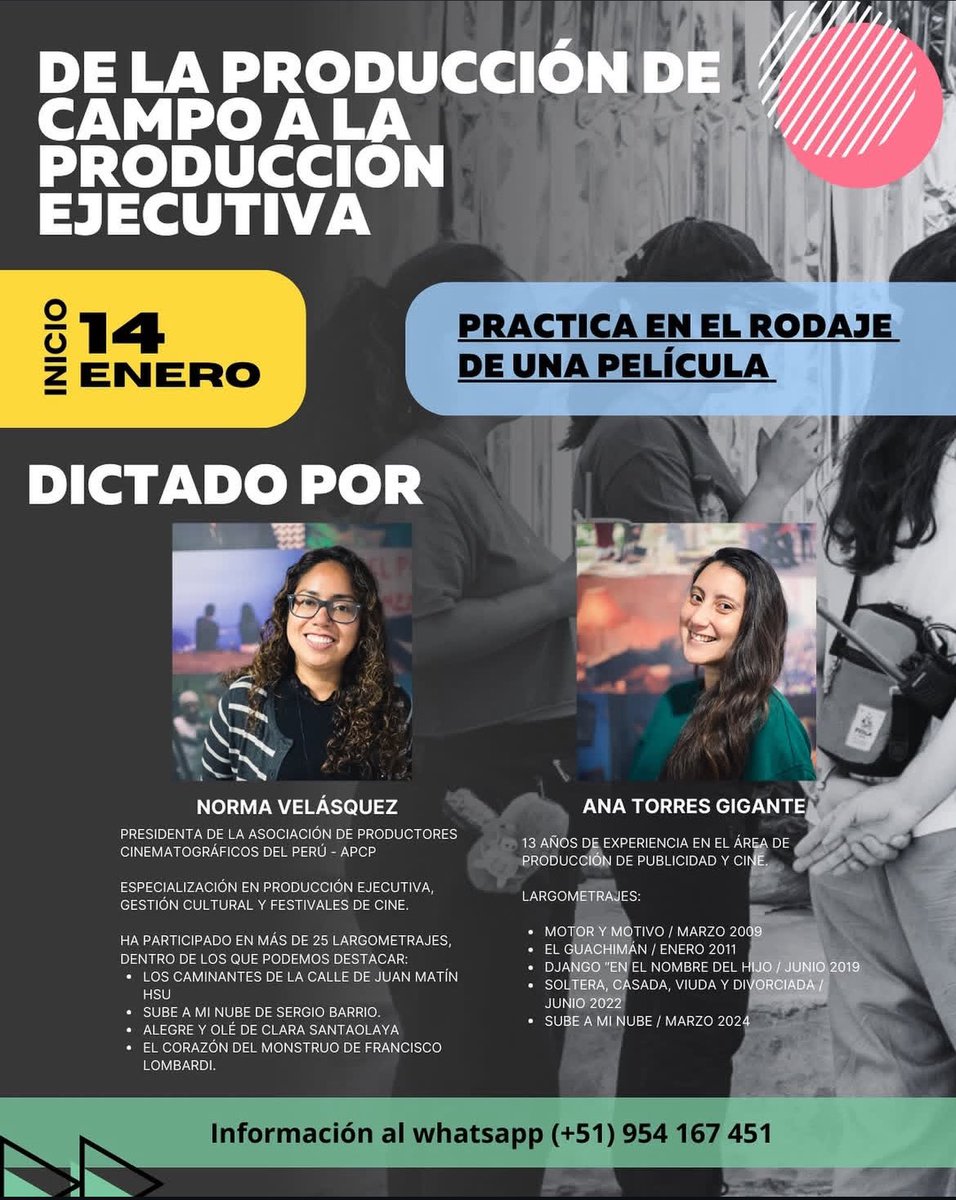Son 9 sesiones, la última en un día de rodaje de una película. Quedan solo 3 vacantes. Más info al: +51 954167451 
#tallerescine #formacióncine #cineperuano #audiovisualperuano #formacionaudiovisual #escuelacine #Lima