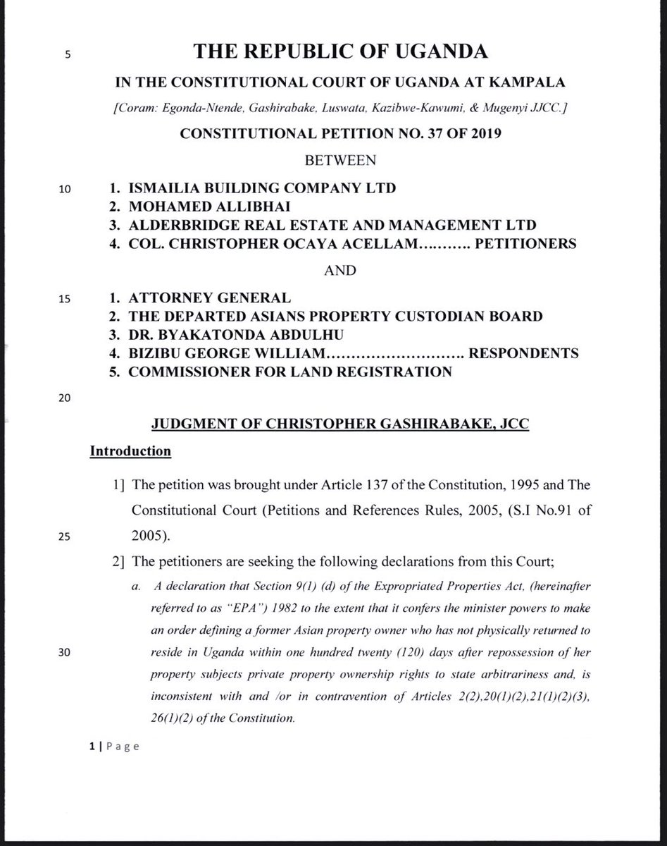 “Property ownership in Uganda is not and must not be tied to residence in Uganda.”— Honorable Justice Christopher Gashirabake, JA in Ismailia Building Company Limited &amp; 3 Others v. Attorney General &amp; 4 Others, Constitutional Petition No. 37 of 2019
<a href="/unaaorg/">UNAA</a> <a href="/GovUganda/">Government of Uganda</a>