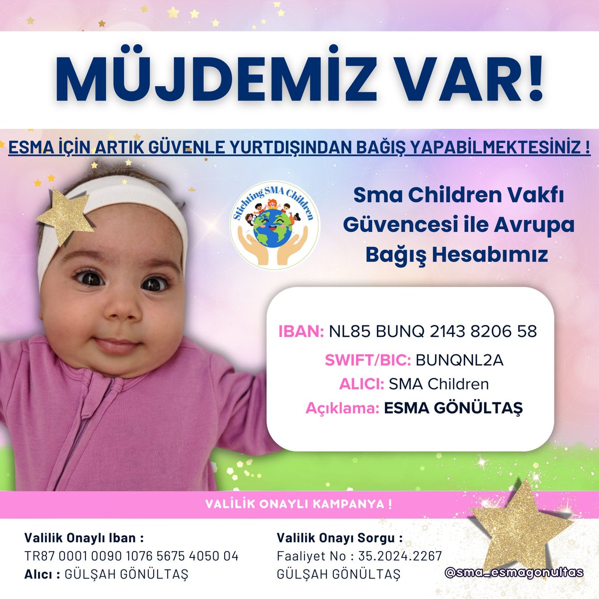 MÜJDEEE🥳🥳

Esma'nın yurtdışı ibanı
NLNL85BUNQ2143820658
SWIFT/BIC: BUNQNL2A
ALICI: SMA Children
Açıklama: ESMA GONULTAS

Aşağıdaki linkten istediğiniz miktarı gönderebilirsiniz.
bunq.me/StichtingSMACh…