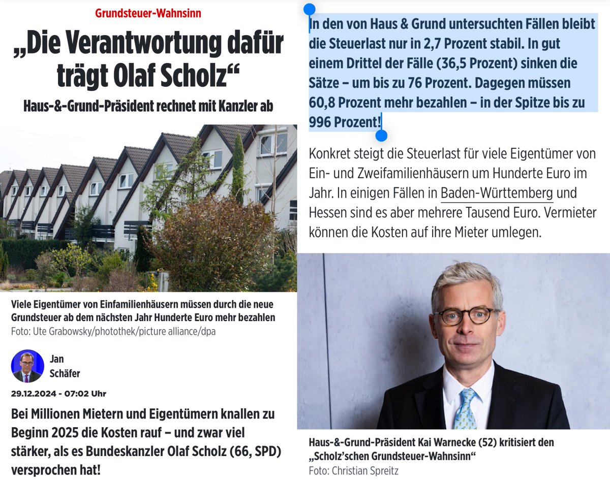 Das dürfte dann wohl auch der Grund sein, warum die Grundsteuerbescheide die Bürger in Hamburg erst kurz nach der Wahl am 2. März 2025 erreichen. Im Schnitt eine Erhöhung um 116%. Teilweise eine Verzehnfachung.
m.bild.de/politik/inland…