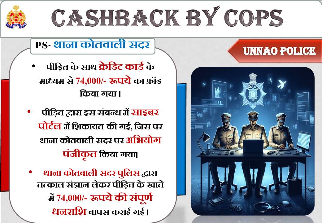 G_K_Awasthi's tweet photo. उन्नाव में क्रेडिट कार्ड के माध्यम से फ्रॉड कर निकाली गई 74,000/- रु0 की संपूर्ण धनराशि पीड़ित को कराई गई रिफण्ड @deepakbhuker @Igrangelucknow @adgzonelucknow @unnaopolice #CASHBACK_BY_COPS https://t.co/iBzFkvf6dL