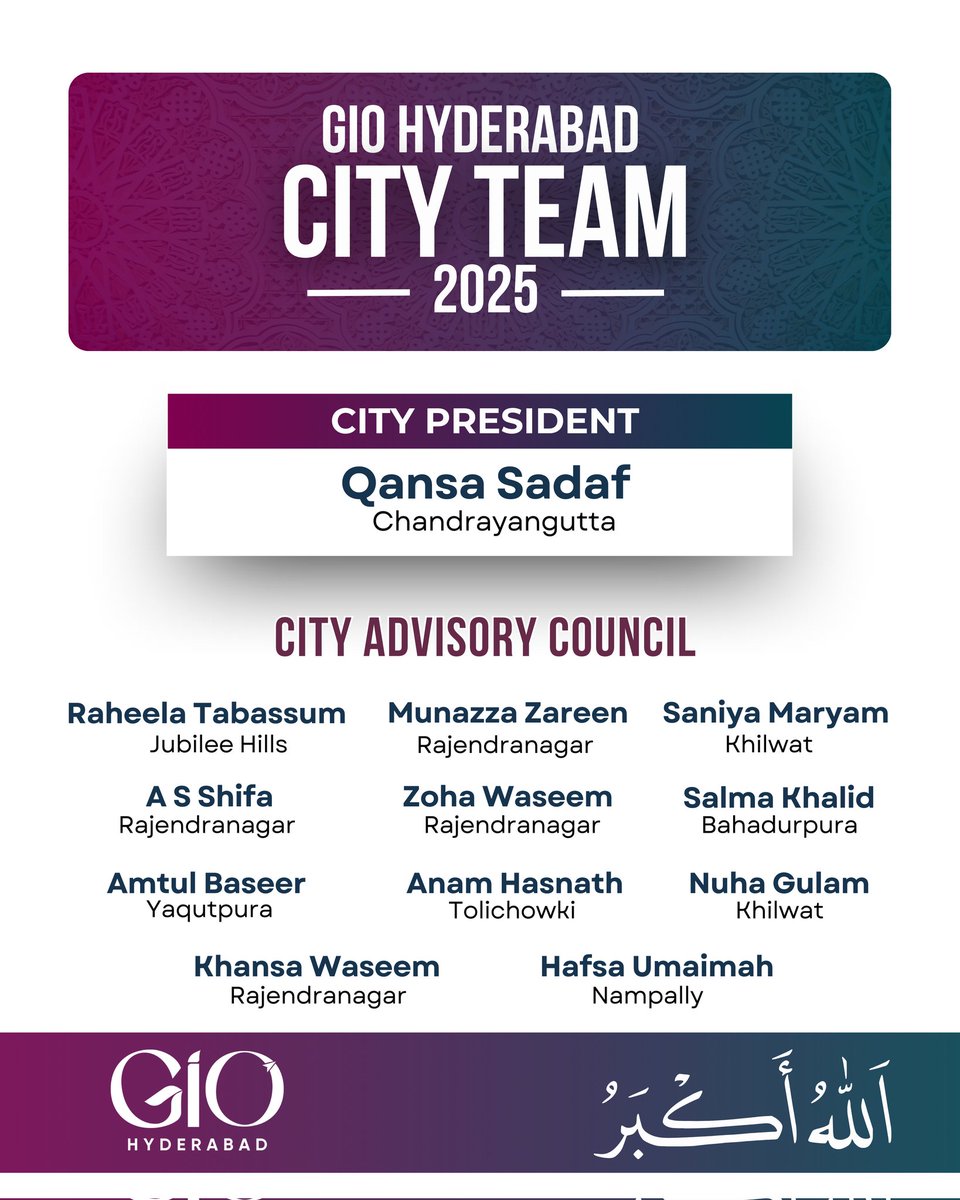 GIOHyderabad's tweet photo. Revealing the Team of GIO Hyderabad for the term 2025!
AllahuAkbar!
May Allah SubHanahuTa'ala grant them sincerity, steadfastness, patience, piety and ability to fulfill their responsibilities. May He accept their efforts and forgive them for any shortcomings
Aameen
#GIOHyderabad https://t.co/wedB9pjPSG