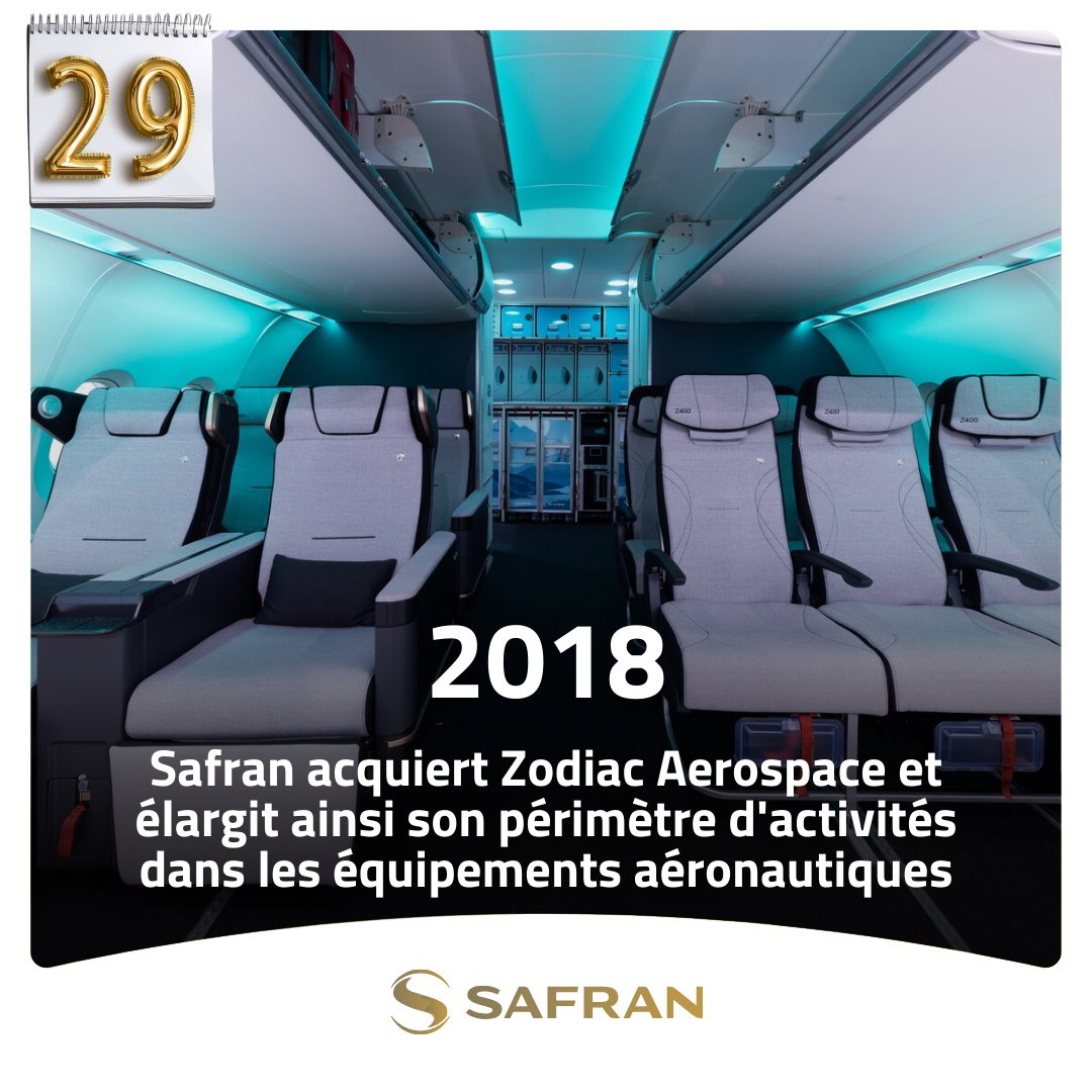 C'est le 29ème jour de notre #calendrier de #décembre !✨
En 2018, Safran acquiert Zodiac Aerospace &amp; élargit son périmètre d'activités dans les équipements aéronautiques. 4 nouvelles sociétés sont créées <a href="/Safran_Cabin/">Safran Cabin</a>,  <a href="/SafranSeats/">Safran Seats</a>, <a href="/SafranAerosys/">Safran Aerosystems</a> &amp; Safran Passenger Innovations