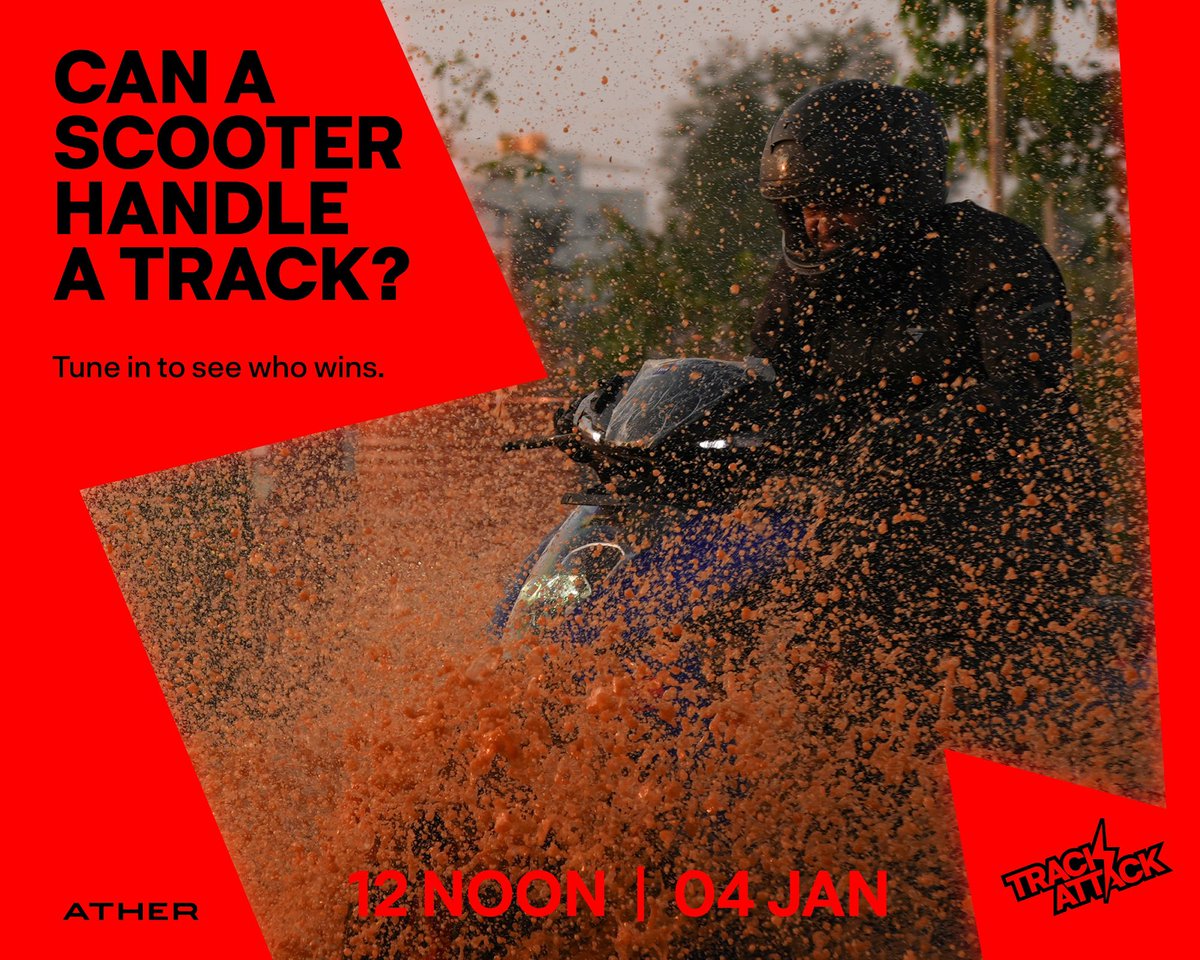 atherenergy's tweet image. On Jan 4, the #BikeOfScooters will face its toughest challenges yet at #TrackAttack.

Will it emerge triumphant? Or will it be beaten by the track?

To find out, set your reminders for the livestream at youtube.com/live/jCF3sR9LV…

#Ather450 #Ather #Track #Challenge