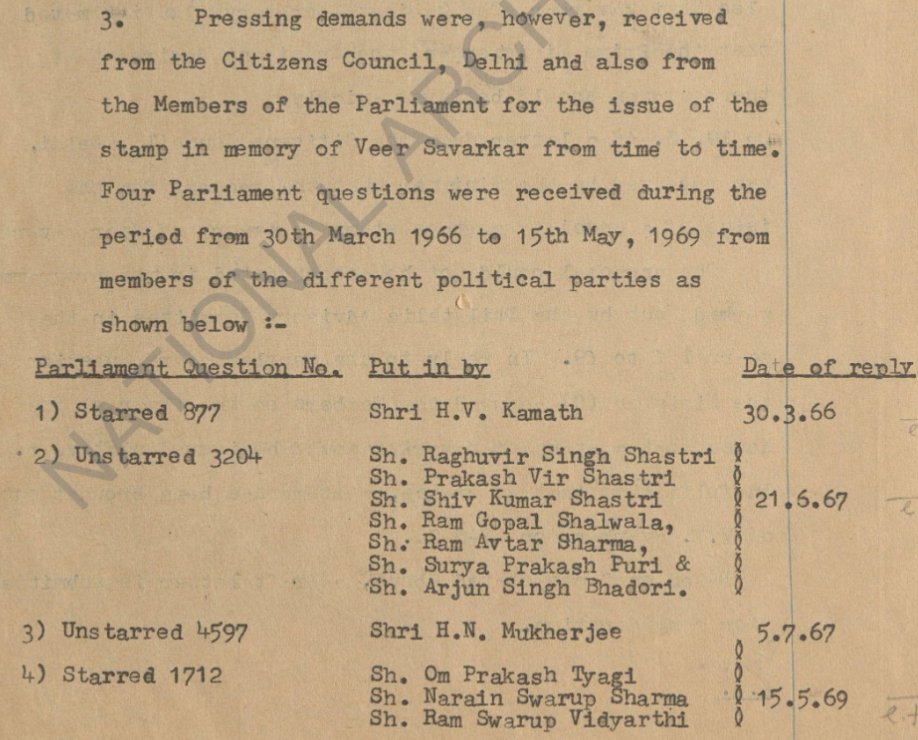 Archival record on demands for a postal stamp in the memory of #VeerSavarkar. The man on the top of the list, H. V. Kamath, was a compatriot of Netaji Subhas Chandra Bose. Like Bose, he left the ICS for freedom struggle. Made it to Assembly and then Parliament several times over.