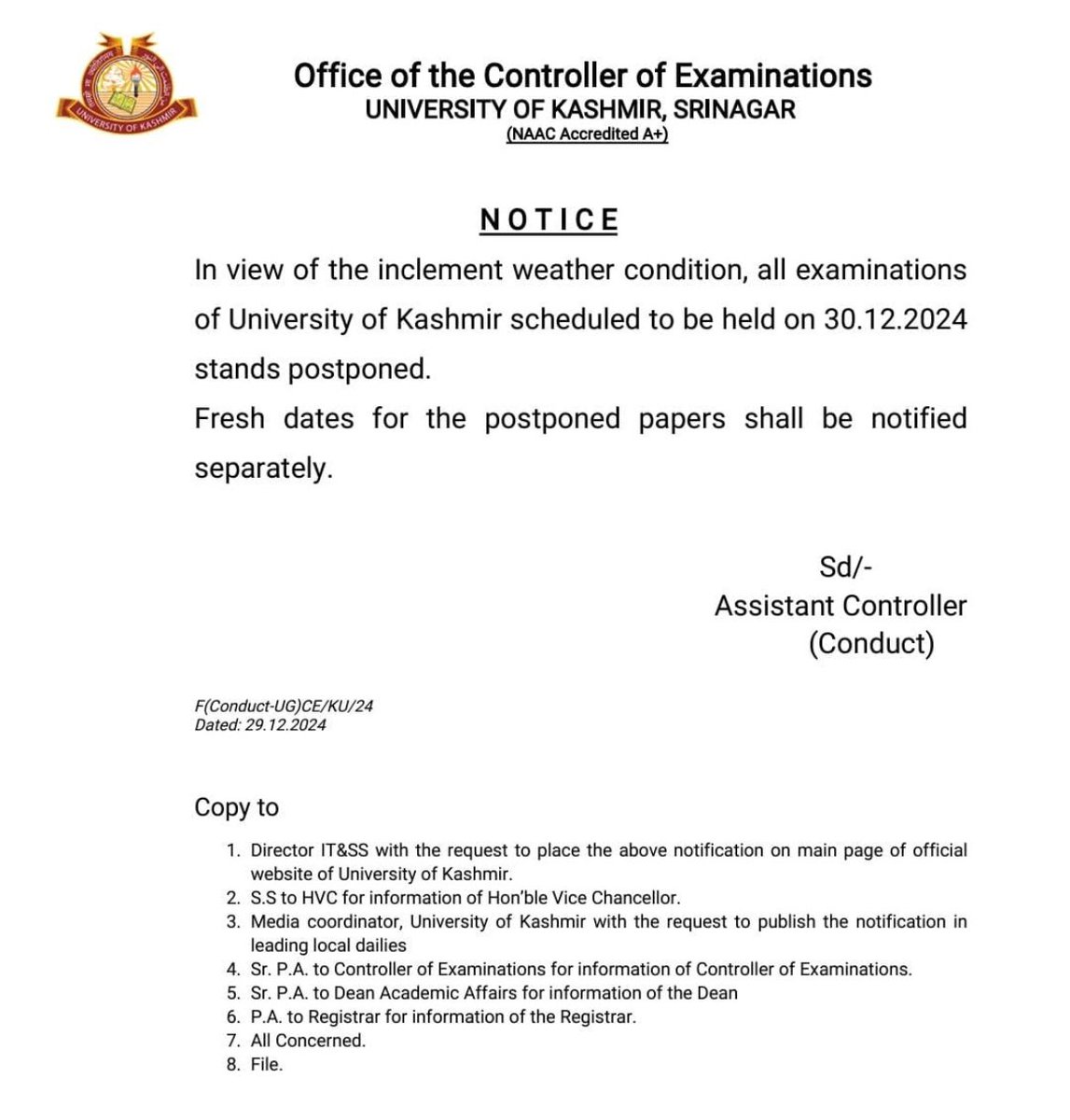 manojkaul1's tweet photo. University of Kashmir postpones all
Examinations scheduled for 30th Dec.2024 #exam #exams #ExamTips https://t.co/oq9KtrM3M7