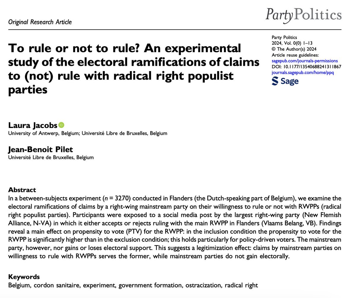 Laura Jacobs (@lcjacobs89) on Twitter photo Glad to see this study w <a href="/jbpilet/">Jean-Benoit Pilet</a> out in Party Politics: using an experiment in Belgium, we show that signaling willingness by a mainstream party to rule with the radical right legitimizes the latter, while not granting an electoral advantage to the former journals.sagepub.com/doi/10.1177/13… Glad to see this study w <a href="/jbpilet/">Jean-Benoit Pilet</a> out in Party Politics: using an experiment in Belgium, we show that signaling willingness by a mainstream party to rule with the radical right legitimizes the latter, while not granting an electoral advantage to the former journals.sagepub.com/doi/10.1177/13…