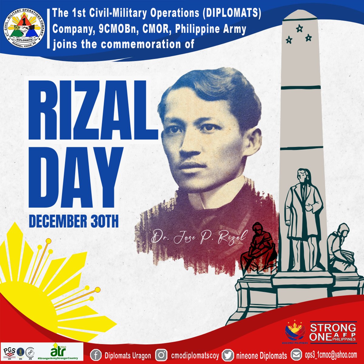 Nine1Diplomats's tweet photo. The 1st Civil-Military Operations (DIPLOMATS) Company, 9CMOBn, CMOR, Philippine Army joins the Commemoration of Rizal Day 2024.
#AFPyoucanTRUST
#PhilippineArmy
#StrongUnitedReliable
#KaagapayNgMgaBikolano https://t.co/mH8aARCwgH