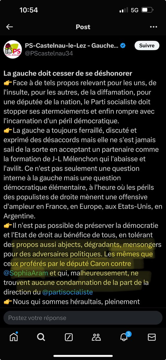 CaronAymericoff's tweet photo. C’est vous le déshonneur du PS.
Vous osez prétendre que j’aurais eu des « propos abjects, dégradants, mensongers » à l’égard de l’humoriste du printemps républicain Sophia Aram, et vous participez  par vos mensonges à la campagne de harcèlement de masse que je subis depuis 3 jours. 
Or c’est en réalité cette personne qui a lancé cette campagne à partir de propos racistes à mon encontre (voir ci-dessous) tout en se moquant du génocide en cours à Gaza (dont vous-même ne dites pas un mot).
Vous êtes la honte absolue, cette partie du PS qui l’a gangrené depuis des années, qui fait tout pour casser le NFP. Vous n’êtes (au mieux) que des macronistes qui ne rêvent que de places au gouvernement. 
Vous n’êtes pas la gauche. 
Vous n’êtes pas la démocratie.
Vous n’êtes pas la République.
Vous êtes une dangereuse imposture.