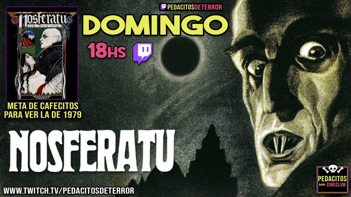 Tarde de Domingo con Nosferatu, la versión original de 1922. Alemana, muda y hermosa. Dirigida por Murneau🎬. Si llegamos a la meta de cafecitos, vemos también la versión de 1979, dirigida por Herzog, otra joyita 💎 Desde las 18hs(ARG), acá: twitch.tv/pedacitosdeter…
