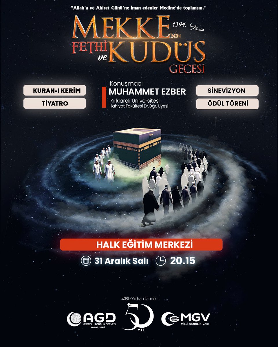 Edirne’mizde 31 Aralık Salı Gecesi gerçekleştireceğimiz Mekke’nin Fethi ve Kudüs Gecesi programına AGD Edirne Teşkilatı olarak hazırız.

<a href="/AgdElaz/">AGD Elazığ Şubesi</a> teşkilatımız sizde hazır mısınız ? 

#AGDMekkeninFethi
#FethiMüjdele
#BirYıldızınİzinde