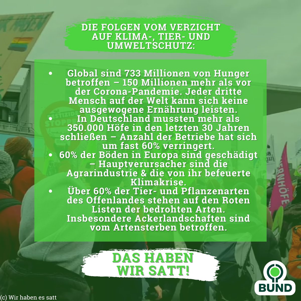 Die #Agrarindustrie profitiert, unterstützt von der Politik in Deutschland &amp; Europa, während Klimakrise, Artenverlust &amp; Höfesterben immer dramatischer werden. Das haben wir satt! Am 18.01.25 gemeinsam auf die Straße! #whes25 wir-haben-es-satt.de/informieren/au… <a href="/wirhaben_essatt/">Wir haben es satt</a>
