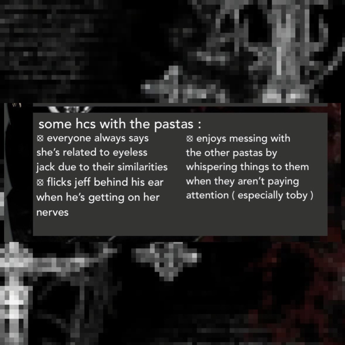 spectreg0re's tweet photo. arabella has an official reference sheet AND an official pasta name 🤭🤭
•
follow for more content !
•
tags :
#art #drawing #illustration #creepypasta #creepypastaoc #ocart #owncharacter #owncharacterdrawing #meettheoc #alt #alternative #horror #horrorart #grunge https://t.co/IkeJf5ZZhR