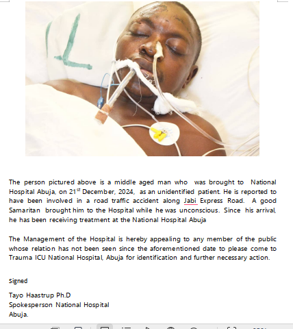NatHospital_ABJ's tweet photo. UNKNOWN PATIENT FOR IDENTIFICATION https://t.co/eUyTWZfF6k