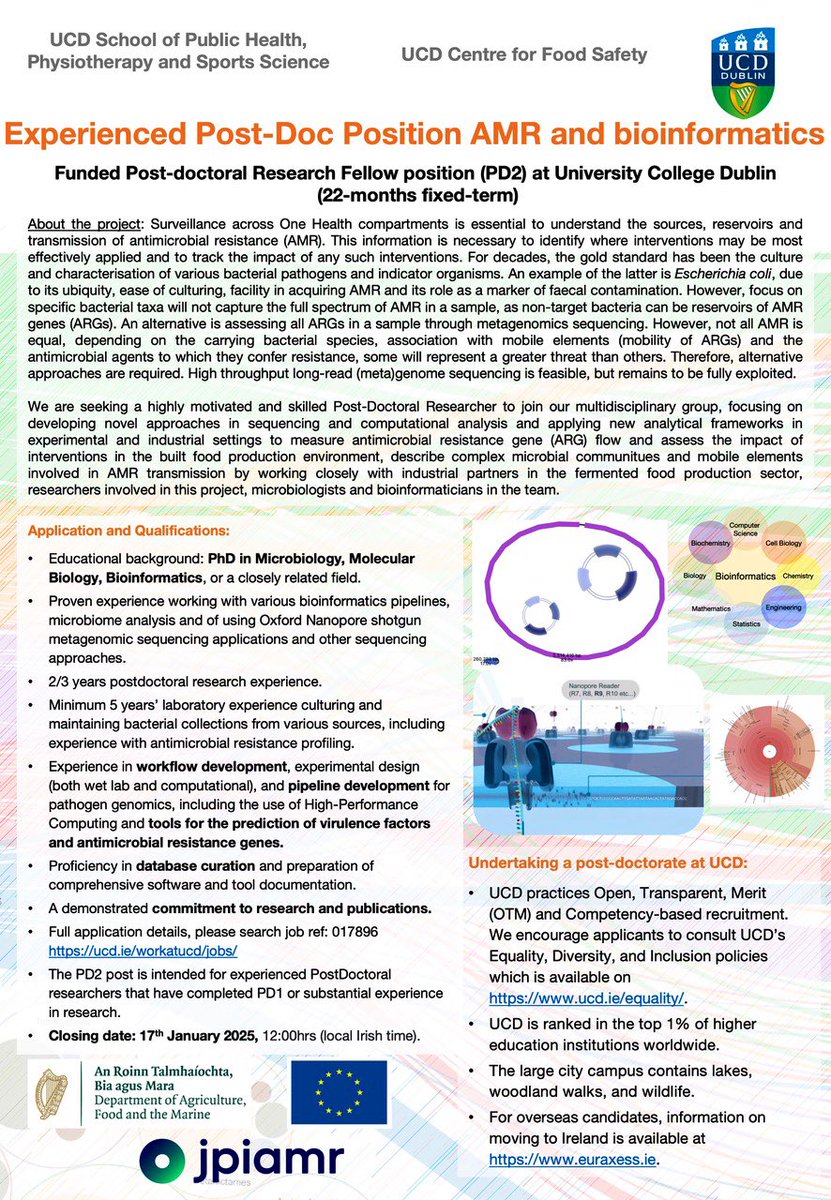CFS-UCD (@cfsucd) on Twitter photo Vacancy Alert!! 🚨 Interested in #genomics, #bioinformatics and #AMR and working in an interdisciplinary team based at <a href="/ucddublin/">University College Dublin</a>? We have a PostDoc position open now in our lab! Project in collaboration with <a href="/guerrinomacori/">Guerrino Macori</a> at <a href="/UCDSBES/">Sch. Biol. & Env. Sc</a>. Please RT and share! Vacancy Alert!! 🚨 Interested in #genomics, #bioinformatics and #AMR and working in an interdisciplinary team based at <a href="/ucddublin/">University College Dublin</a>? We have a PostDoc position open now in our lab! Project in collaboration with <a href="/guerrinomacori/">Guerrino Macori</a> at <a href="/UCDSBES/">Sch. Biol. & Env. Sc</a>. Please RT and share!