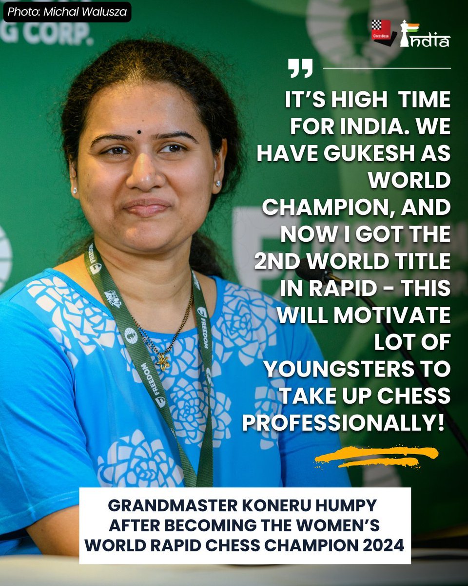 sivakumaranvlsi's tweet image. Indian chess is on the rise!
Photo: Michal Walusza #chess #chessbaseindia #koneruhumpy