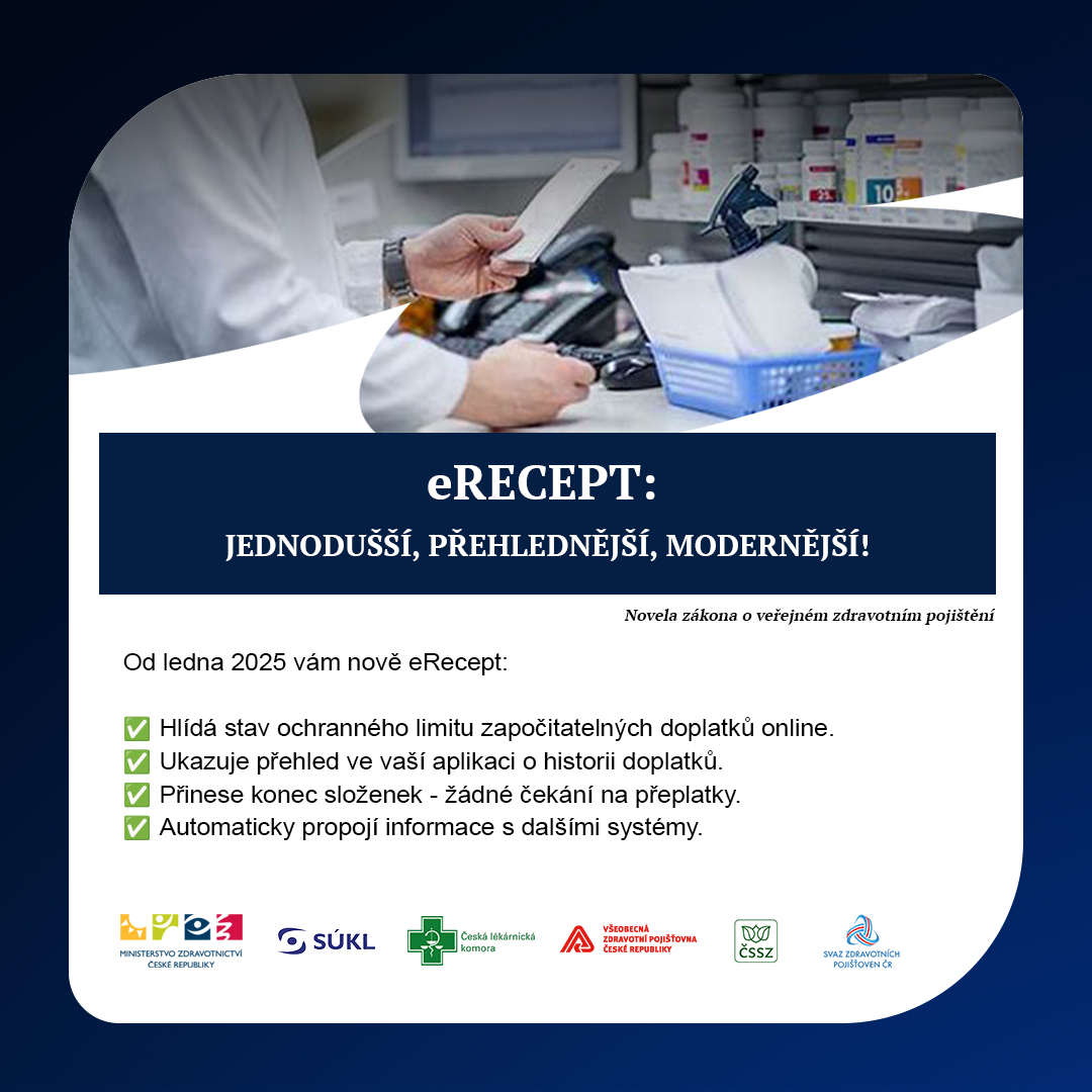 Od ledna 2025 přinášíme zásadní změny v systému #eRecept, které vám ušetří čas, peníze i starosti. Ten bude nově propojen s Centrálním registrem pojištěnců a evidenčním systémem České správy sociálního zabezpečení.

☑️ Hlídání ochranného limitu online – jakmile dosáhnete svého