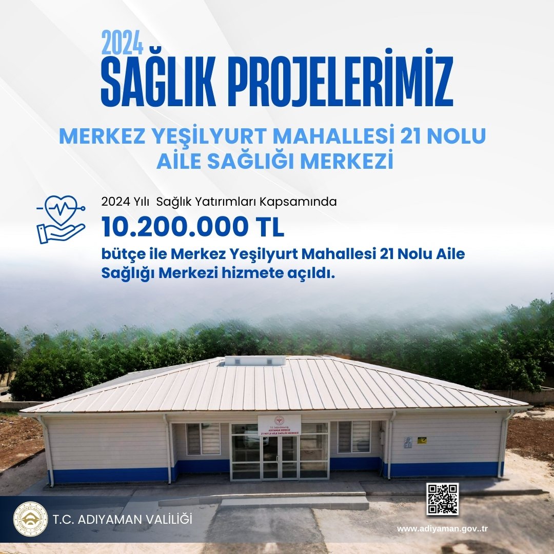 adiyamangovtr's tweet photo. 2️⃣0️⃣2️⃣4️⃣Yılı Sağlık Yatırımlarımız kapsamında 

▶️ 6️⃣3️⃣Milyon 6️⃣0️⃣0️⃣ bin TL bütçe ile 

🏥 Merkez Malazgir Mahallesi 15 Nolu Aile Sağlığı Merkezi 

🏥 Merkez Yeşilyurt Mahallesi 21 Nolu Aile Sağlığı Merkezi 

🏥 Merkez Varlık Mahallesi Aile Sağlığı Merkezi ve 1️⃣1️⃣2️⃣ Acil Sağlık Hizmetleri İstasyonu 

🏥 Besni İlçesi Şambayat Beldesi Aile Sağlığı Merkezi hizmete sunulmuştur.