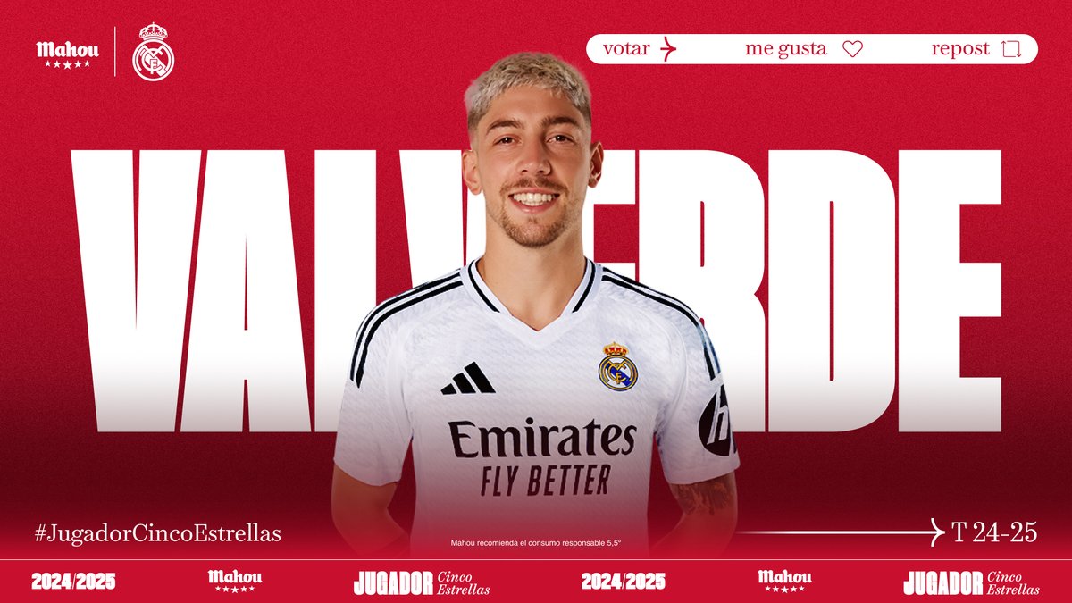 futbolmahou's tweet photo. @realmadrid @BellinghamJude @KMbappe @RodrygoGoes @ToniRuediger RT o MG si crees que @fedeevalverde ha sido el #JugadorCincoEstrellas del @realmadrid en diciembre. (6/6) https://t.co/tt5mt2EhDv