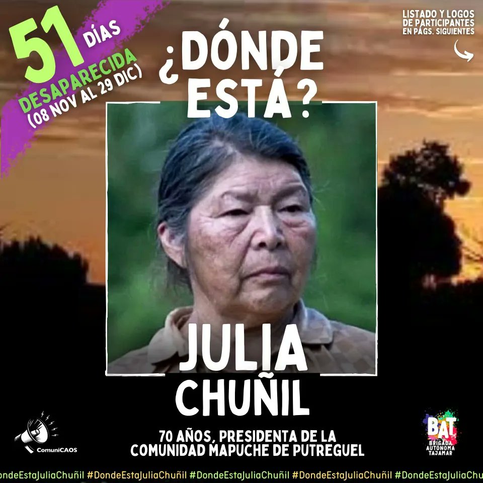 ¿Dónde está Julia Chuñil? Ya son 51 días sin saber de ella y su perro Cholito. Hasta el momento no existe ni un rastro de ellxs. 

#dondeestajuliachuñil