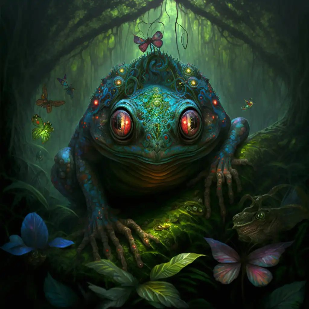 Sarah02536618's tweet photo. @dannydeezy I loved this picture as it reminds me of my favorite ai collection on ordinals: BTC Annons. Yes maybe there is a completely different style of drawing there, but the colors and the frog seem very similar to me. https://t.co/8A4s5PUDeq
