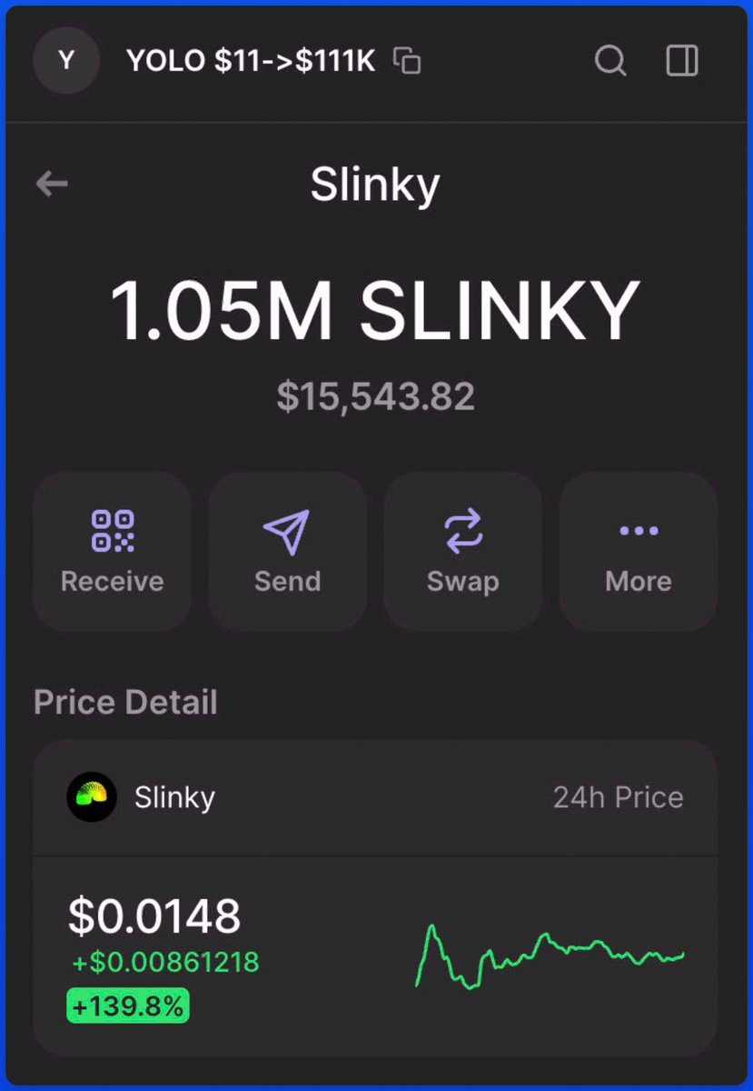 0xNonceSense's tweet photo. $11 → $111k YOLO challenge update:

Day 9: $SLINKY avg. 10x $1,550 -> $15,543 (call at 1.5M mcap)

Want to join in our free private group?

+ 90.3% win rate
+ Calls with clear targets in the free private group

Like, RT, and drop a comment if you're interested.

P.S. Invites sent via DM, so make sure to follow.