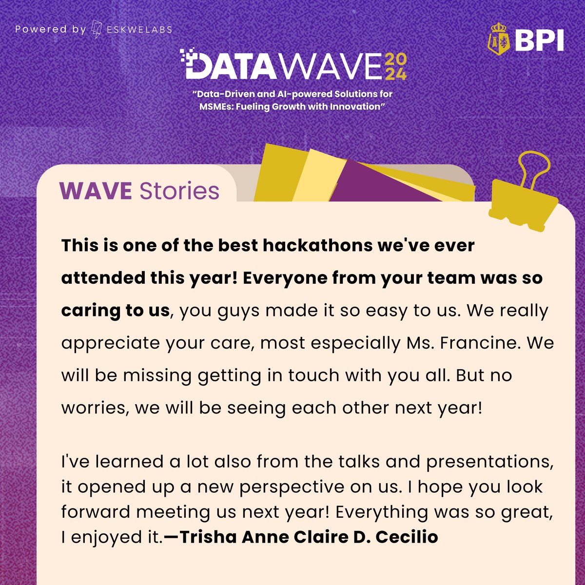 eskwelabs's tweet photo. Trisha's #BPIDATAWAVE2024 Story 🌊 https://t.co/ZLIFhwI6Ko