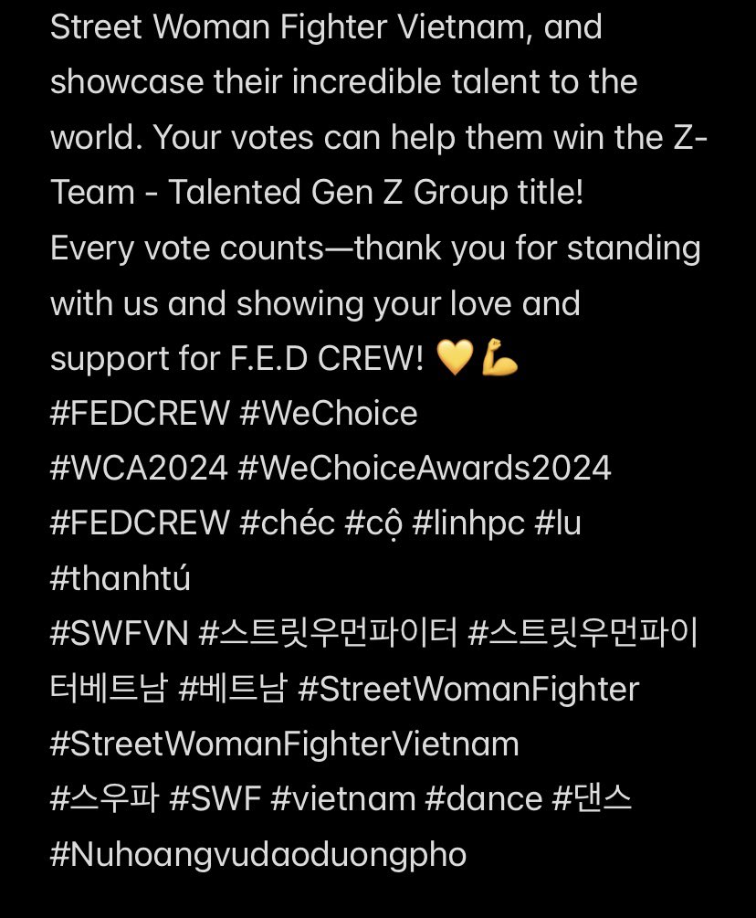 kamar_tus's tweet photo. 🚨FED CREW NEEDS YOU!🚨
🏆Z-Team - Talented Gen Z Group at WeChoice Awards 2024!
⏰Vote ends 12:00 PM, 12.01.2025
📌Vote 24 times/day/account!
💛Help the Street Woman Fighter Vietnam champs win! Click below to vote! Every vote counts!
🔗 https://t.co/F9EGnZFAAV
#SWF #FEDCREW https://t.co/3CEsOgz8dS