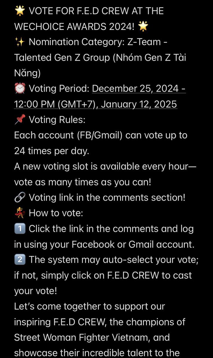 kamar_tus's tweet photo. 🚨FED CREW NEEDS YOU!🚨
🏆Z-Team - Talented Gen Z Group at WeChoice Awards 2024!
⏰Vote ends 12:00 PM, 12.01.2025
📌Vote 24 times/day/account!
💛Help the Street Woman Fighter Vietnam champs win! Click below to vote! Every vote counts!
🔗 https://t.co/F9EGnZFAAV
#SWF #FEDCREW https://t.co/3CEsOgz8dS