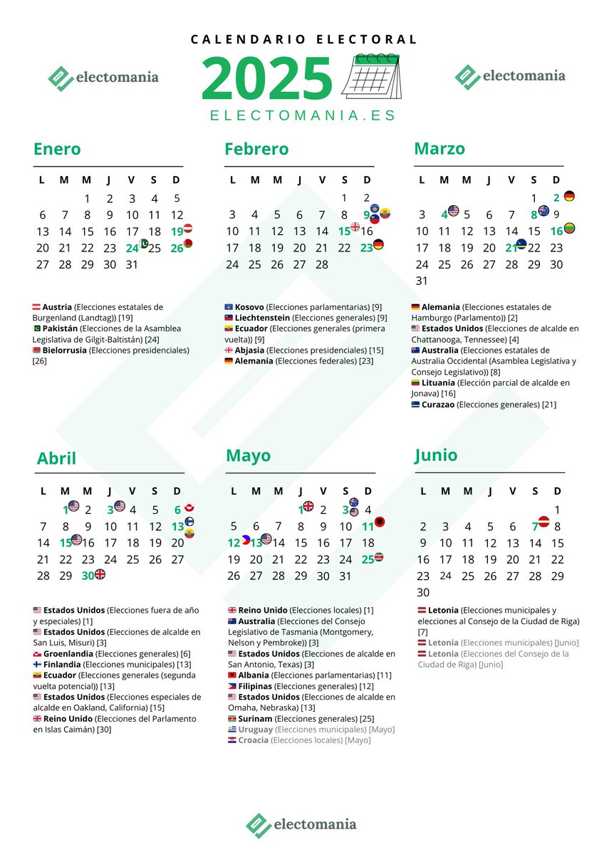 electo_mania's tweet image. 🗓️ 𝗖𝗮𝗹𝗲𝗻𝗱𝗮𝗿𝗶𝗼 𝗲𝗹𝗲𝗰𝘁𝗼𝗿𝗮𝗹 𝟮𝟬𝟮𝟱: otro año de elecciones 🗳️
Un año más, aquí tenéis las 𝗲𝗹𝗲𝗰𝗰𝗶𝗼𝗻𝗲𝘀 𝗽𝗿𝗲𝘃𝗶𝘀𝘁a𝘀 para que no se os pase ninguna cita 📌
🗓️ URL: calendar.google.com/calendar/u/1?c…
🗓️ iCal: electomania.es/wp-content/upl…
↘️
electomania.es/calendario-ele…