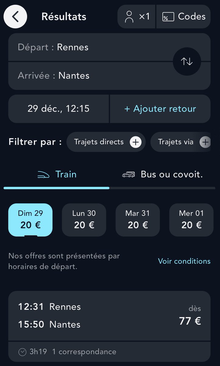 Rennes - Nantes avec le ⁦<a href="/TGVINOUI/">TGV INOUI</a>⁩ en 3h19 avec 1h de correspondance au Mans, heureusement que ⁦<a href="/SNCFConnect/">SNCF Connect</a>⁩ est là nous proposer ce genre de solutions pratiques, rationnelles et peu onéreuses !