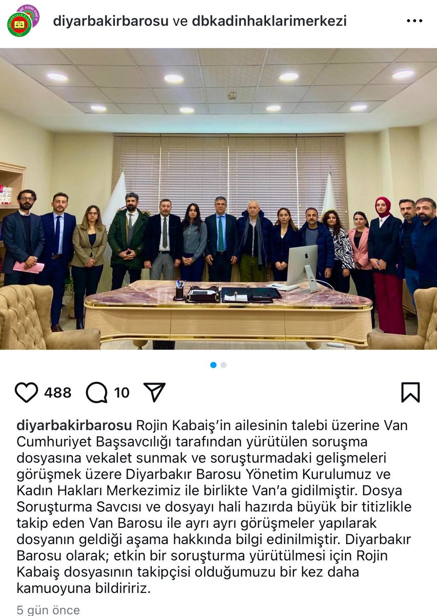 Diyarbakır’da avukat arkadaşlarımız, Rojin Kabaiş ile ilgili meslektaşlarıyla görüşmeler gerçekleştirdi. Rojin için emek veren birçok avukat, gerçeğe ulaşmak adına yoğun çaba harcıyor. Umarım bu  vahim durum, en kısa sürede aydınlığa kavuşur ve Rojin Kabaiş’in ruhu huzura erer.