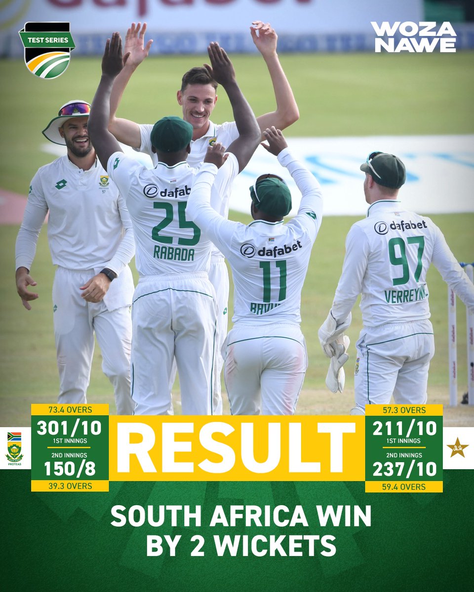 ⚪️🟢Match Result

We came, we saw, and WE CONQUERED.👏🇿🇦😃

A partnership for the history books! From near misses to heart-stopping moments, South Africa pulls off an incredible victory by 2 wickets. 🏏

This one will be remembered for some time to come!✨

#WozaNawe #BePartOfIt