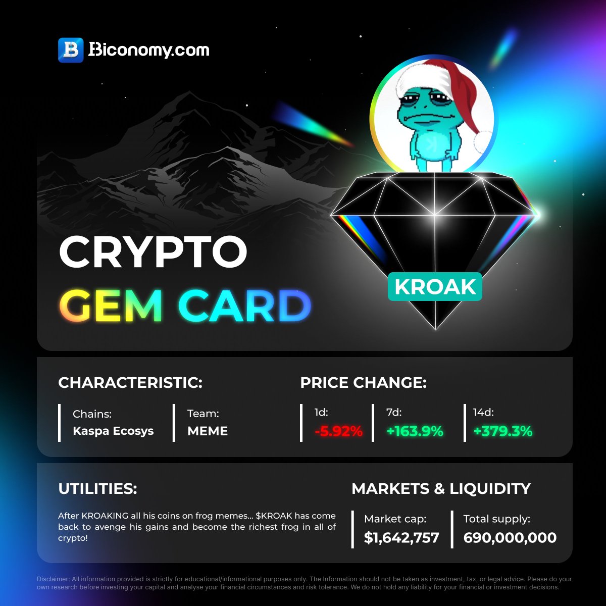 Crypto Gem Card from #BiconomyExchange 💎🌈 $KROAK > @kroakONkaspa - The  Rise of the Frog King 🐸💎 