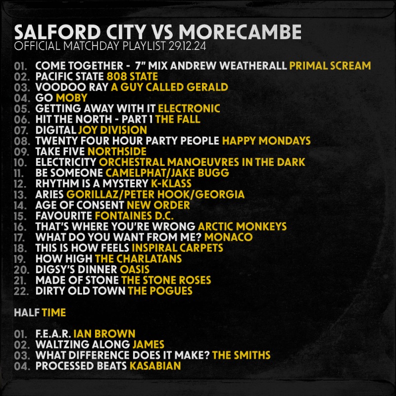 SalfordCityFC's tweet photo. A pretty mint last matchday playlist of 2024 ๐
Starting from 1:30 at Moor Lane ๐
#SALMOR