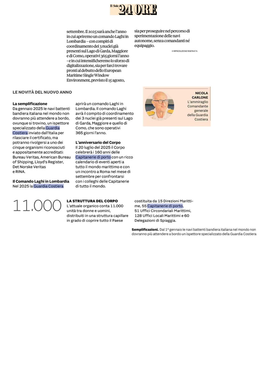 Leggi l'intervista de il Sole 24 ore al Comandante generale della #GuardiaCostiera, Ammiraglio Ispettore Capo Nicola Carlone che parla di un importante traguardo a beneficio della competitività del settore marittimo e traccia la rotta che attende la Guardia Costiera nel 2025