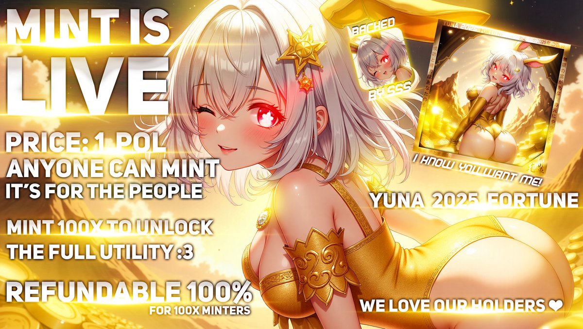 SSS_WEB3's tweet image. ✨𝐘𝐔𝐍𝐀 2025 𝐅𝐎𝐑𝐓𝐔𝐍𝐄 𝐌𝐈𝐍𝐓 𝐈𝐒 𝐋𝐈𝐕𝐄✨
⛵️𝑴𝑰𝑵𝑻: opensea.io/collection/yun…
💛Amazing Art
💛Affordable to literally everyone in Web3
💛Intense Utility
💛Get 100x ROLE &amp; Unlock Full Utility
💛100% Refundable because SSS respects you!
⛩️HAPPY NEW YEAR 2025⛩️