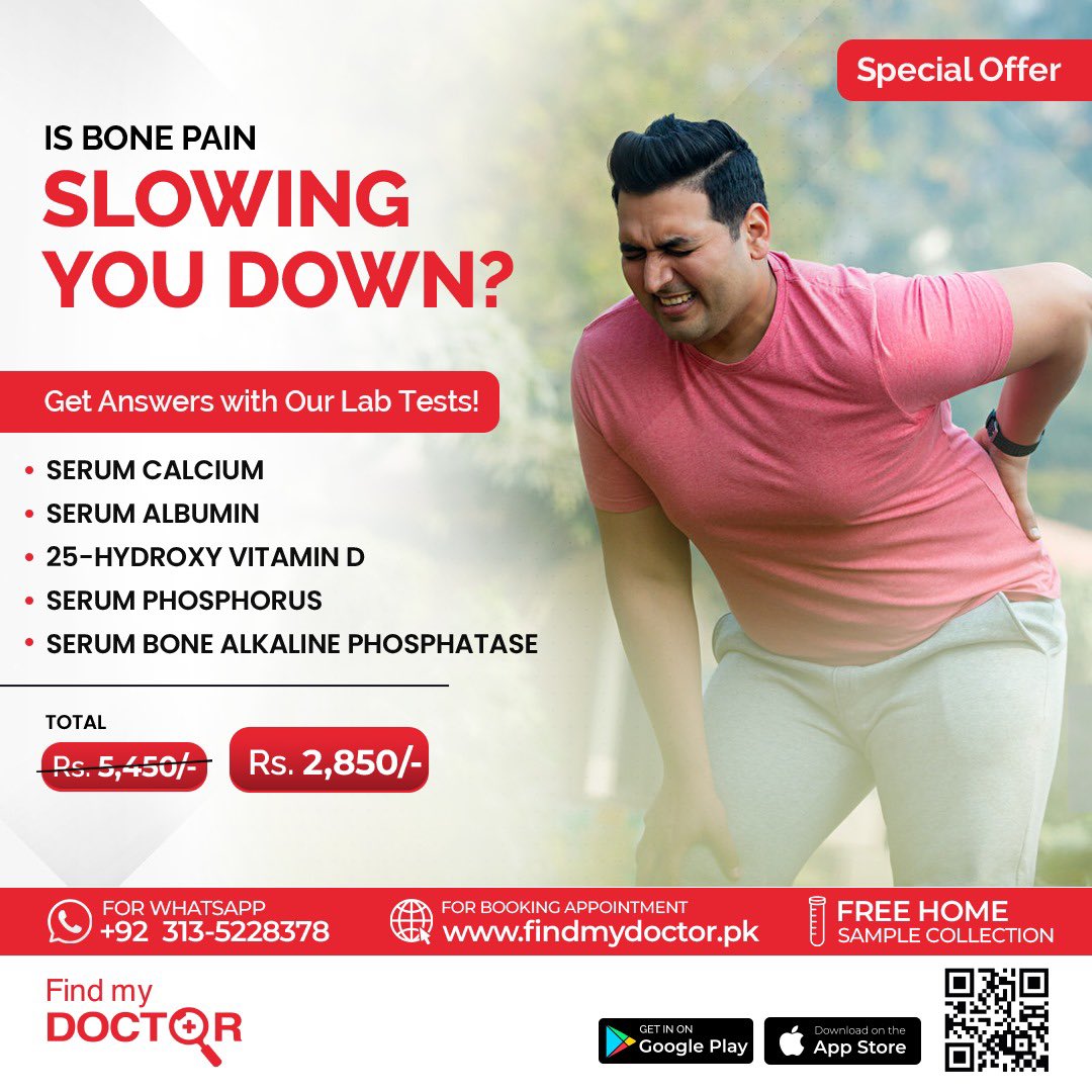FindMyDoctorPAK's tweet image. Feeling constant bone pain? Let’s find out why. Book your lab tests with Find My Doctor today and take benefit from our special offer!

#bonehealth #labtests #findmydoctor #healthcheckup #stayhealthy #specialoffer #wellnessfirst #healthyliving #preventivecare #takecharge