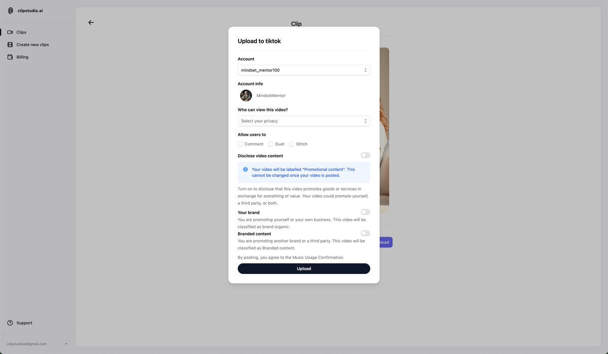 ClipStudioAI's tweet image. Submitting the application to access Tik tok auto uploads right now.

Faceless marketing has never been so easy