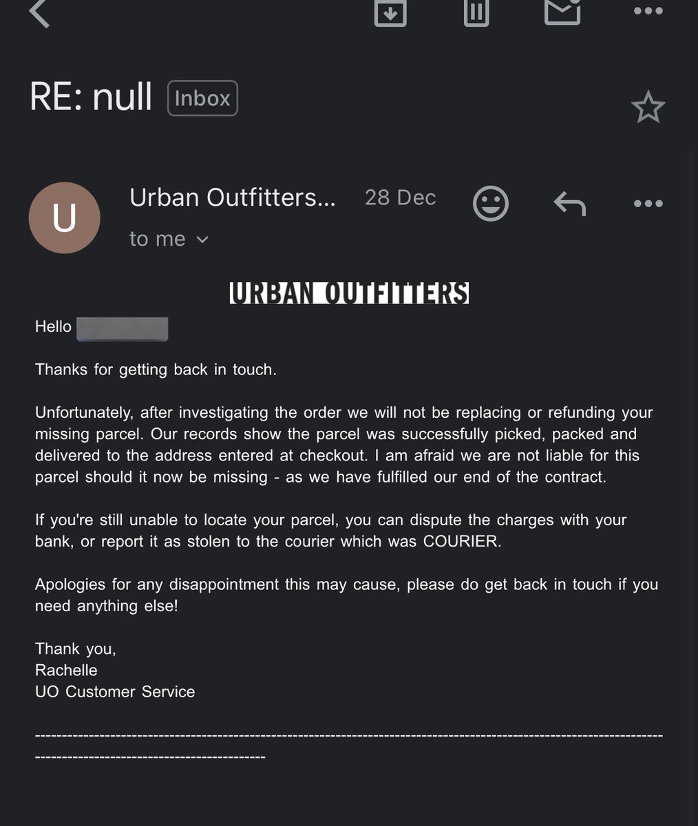 yijaek's tweet photo. Hi @uoeurope , EVRI has misplaced my parcel but your staff refuses to issue a refund despite clear photo evidence. See her response below- she has just sent me a copy/paste response again and is making no effort to solve this. Please issue a refund ASAP? https://t.co/0iBsUF8CVB