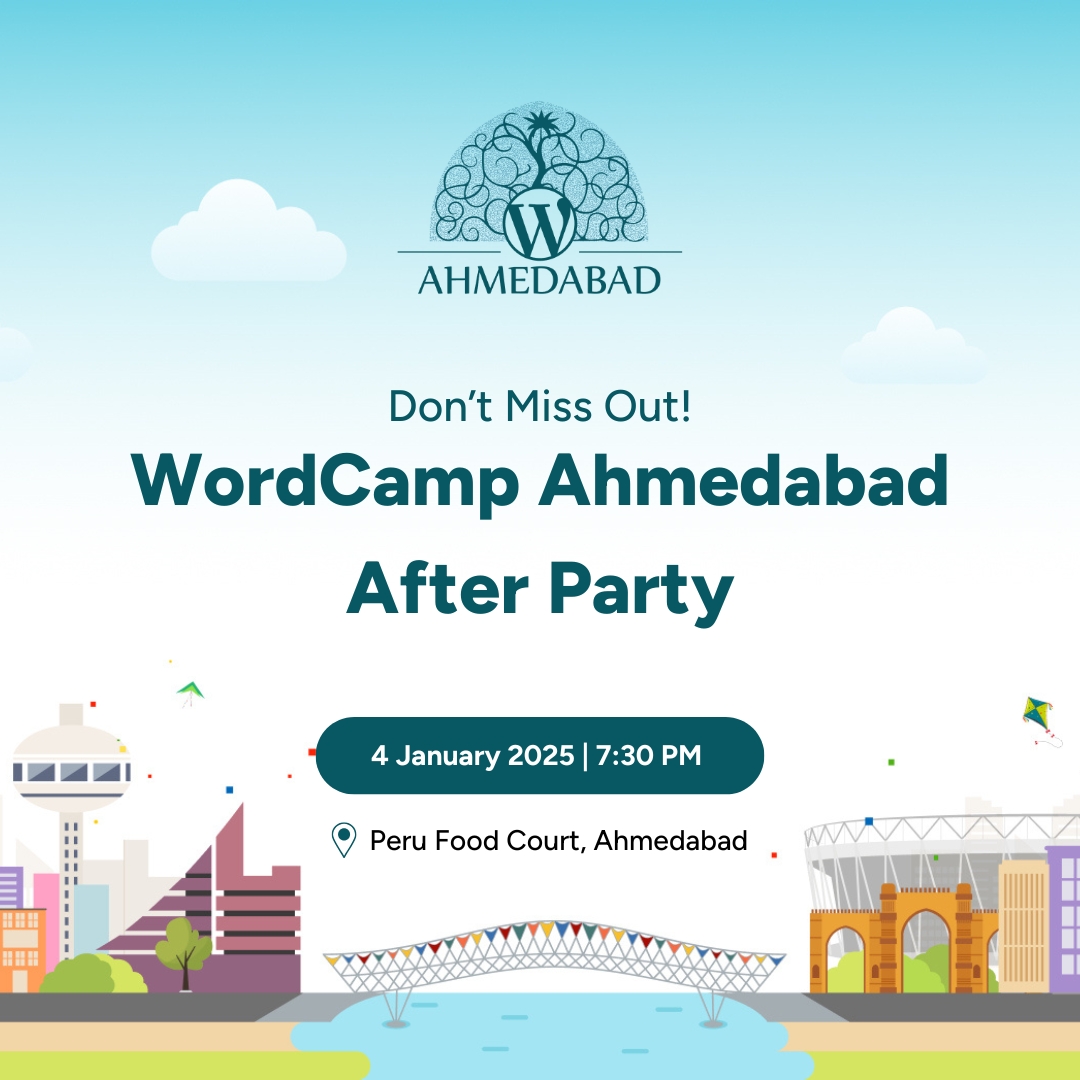 The best way to wrap up WordCamp Ahmedabad 5.0 With a night of dancing, delicious food, and great company! 🥂

🗓️ 4th January | ⏰ 7:30 PM | 📍 Peru Food Court

RSVP: Secure Your Spot Now! 🎉

🔗ahmedabad.wordcamp.org/2025/get-ready…

#WordCamp #WordPress #WCAhmedabad