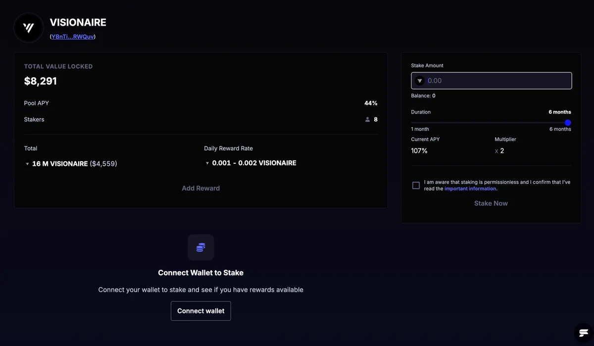 staking for $Visionaire crypto token 44%APY-107%