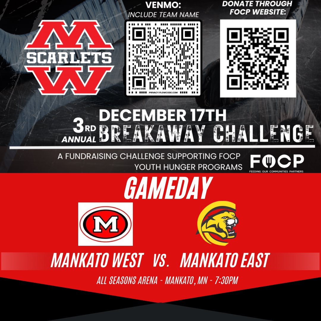 Mankato West Hockey (@scarlet_hockey) on Twitter photo ITโS GAMEEE DAYYYYY!!!!
Mankato West hosts crosstown rival Mankato East in <a href="/Big9Conf/">Big 9 Conference</a> and Section 3A play!
Help raise $ for youth hunger!!
๐ <a href="/mankatoeastpuck/">Mankato East Boys Hockey</a> (3A)
โฐ 7:30pm
๐All Seasons Arena - Mankato, MN
๐บ youtube.com/live/s0e7e9pNvโฆ
#Grit #Compete #TrekToTheX #Family ITโS GAMEEE DAYYYYY!!!!
Mankato West hosts crosstown rival Mankato East in <a href="/Big9Conf/">Big 9 Conference</a> and Section 3A play!
Help raise $ for youth hunger!!
๐ <a href="/mankatoeastpuck/">Mankato East Boys Hockey</a> (3A)
โฐ 7:30pm
๐All Seasons Arena - Mankato, MN
๐บ youtube.com/live/s0e7e9pNvโฆ
#Grit #Compete #TrekToTheX #Family