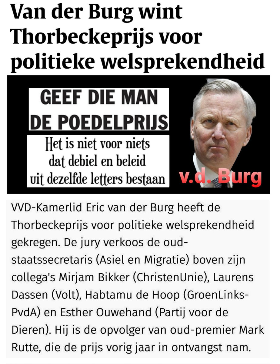 TonyHellings's tweet image. De #Thorbeckeprijs is dit jaar gewonnen door #Asielknuffelaar Eric vd #Burg. En moet je eens kijken wie er allemaal genomineerd waren...1 grote politieke, linkse inteeltclub! Zo kunnen ze nog ergens blij mee zijn....😫😫