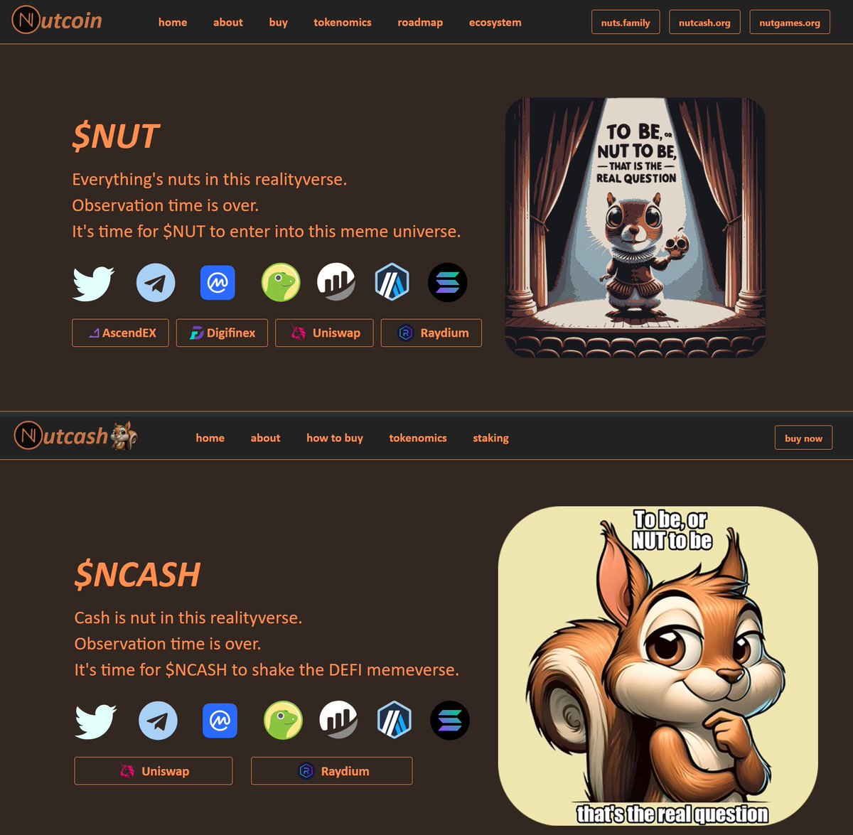 🌐 nutcoin.org and nutcash.org have been updated

⛰️ #AscendEX button link added for #Nutcoin

🦎 #CoinGecko button link added, supply verified &amp;
🦊 #MetaMask price added for #Nutcash

🏗️ Still buidling foundation, more coming

#memecoins #web3 #crypto