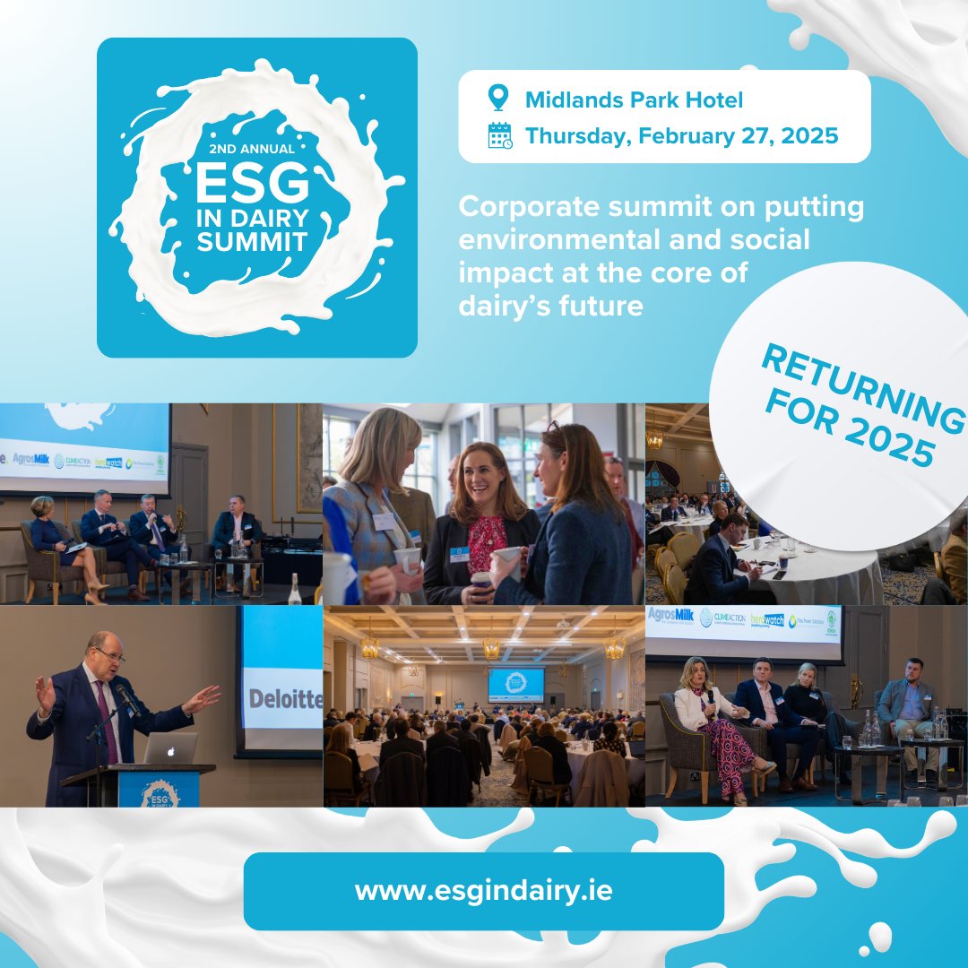 We are delighted to announce the 2nd Annual ESG in Dairy Summit, which will take place in The Midlands Park Hotel, Portlaoise on February 27, 2025.
 
A special Super Early Bird rate of just €225 + VAT (standard price €350 + VAT) is available now.

…ual-esg-in-dairy-summit.eventbrite.ie