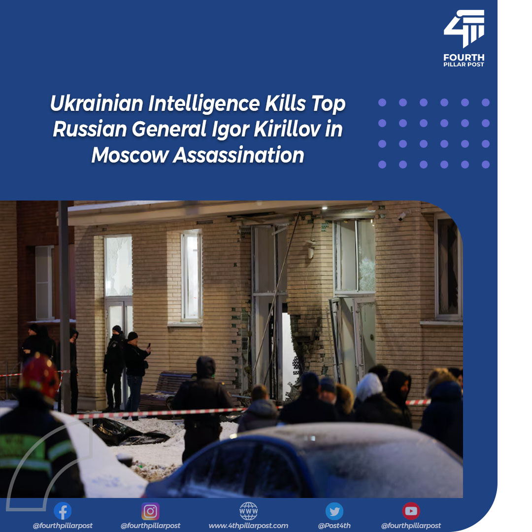Post4th's tweet image. Ukraine's SBU claims responsibility for the assassination of Russian General Igor Kirillov, chief of Nuclear, Biological, and Chemical Protection Troops, targeting key figures in Russia's war efforts. #UkraineWar #RussianGeneral #SBU 
Read more: 4thpillarpost.com