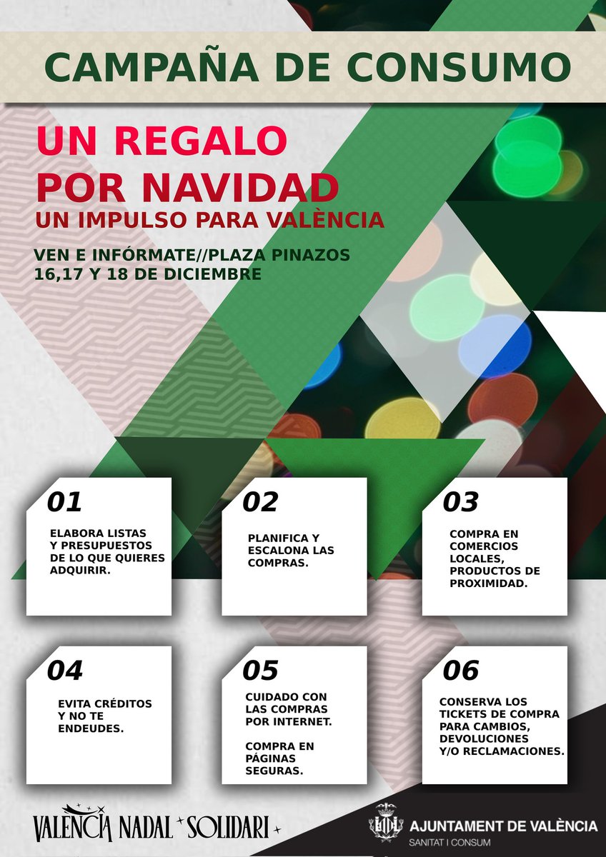 El Servicio de Sanidad y Consumo con la colaboración de UCCV y AVACU, sigue hoy en Pl. Los Pinazos en las jornadas informativas sobre consumo en  fiestas navideñas.
¡Ven a por tu ⭐ para tu 🌲 
Mañana también estaremos.
