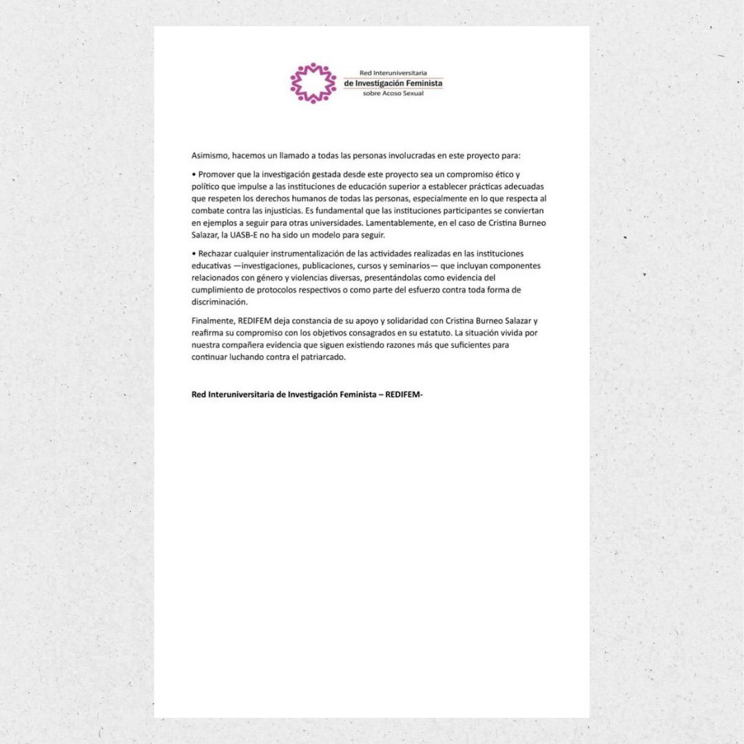 📄“Quienes conformamos la Red Interuniversitaria de Investigación Feminista (REDIFEM) rechazamos de manera rotunda la vulneración de los derechos de nuestra compañera Cristina Burneo Salazar y reafirmamos nuestro compromiso con la vigilancia activa del derecho a una vida libre de