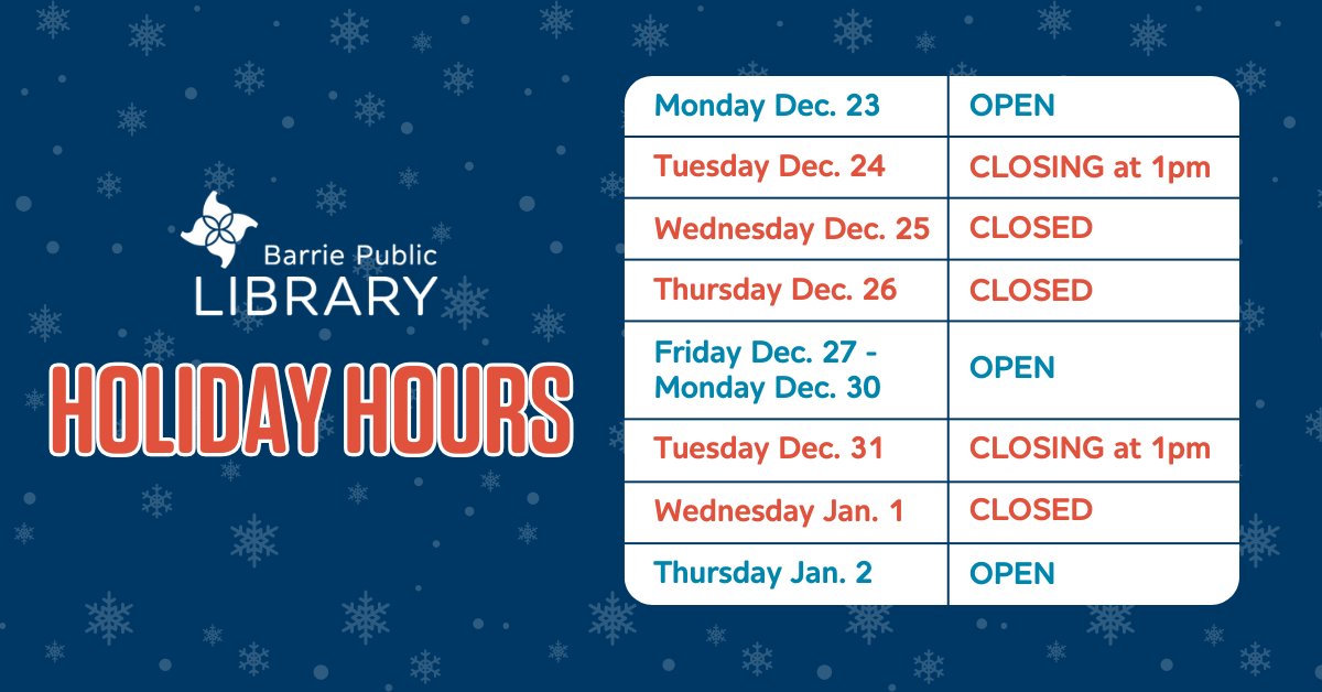 ✨ Upcoming holiday hours ✨ 

All library locations will be closed at 1 pm on Christmas Eve and New Year's Eve and fully closed on Christmas Day, Boxing Day and New Year's Day. Stop by and stock up to get your holiday break entertainment ready. ❄️